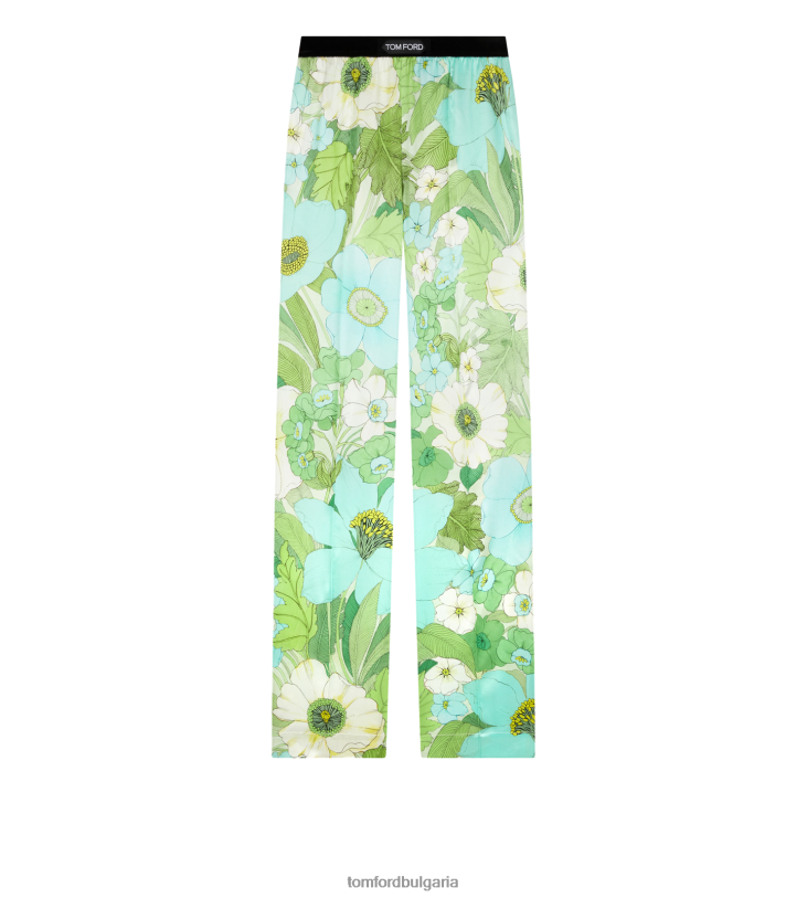 Жени облекло копринени сатенени панталони с флорален принт аква бледо зелено TOM FORD B880D1412
