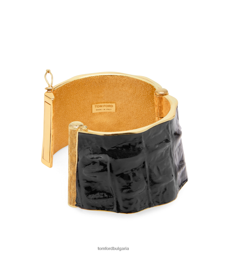 Жени аксесоар соларен маншет от месинг и лъскава щампована крокодилска кожа черен TOM FORD B880D1541