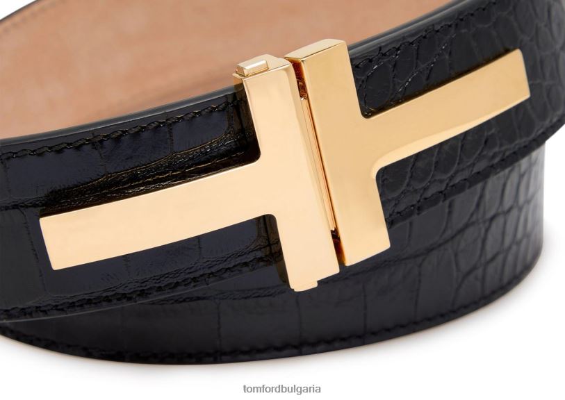 Жени аксесоар двоен t колан от лъскава щампована крокодилска кожа черен TOM FORD B880D1528