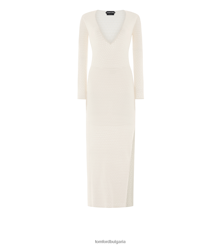 Жени облекло ажурна макси рокля от еластична вискозна плетка с v-образно деколте мръсно бяло TOM FORD B880D1066