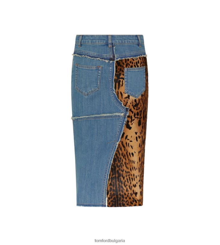 Жени облекло пола молив от деним и телешки косъм индиго + бежово/кафяво TOM FORD B880D1274