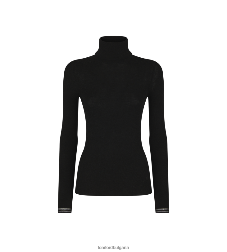 Жени облекло фина кашмирена копринена водолазка с пълна игла черен TOM FORD B880D1245
