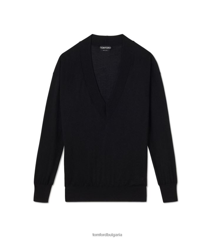 Жени облекло фин кашмирен копринен пуловер с v-образно деколте черен TOM FORD B880D1242