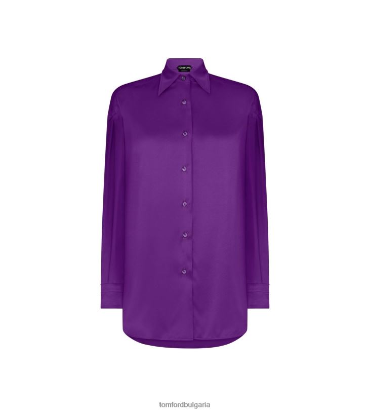 Жени облекло еластична копринена сатенена риза със спокойна кройка аметист TOM FORD B880D1175