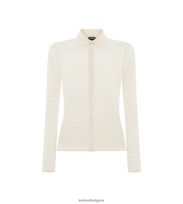 Жени облекло ажурна трикотажна риза от еластична вискоза мръсно бяло TOM FORD B880D1183