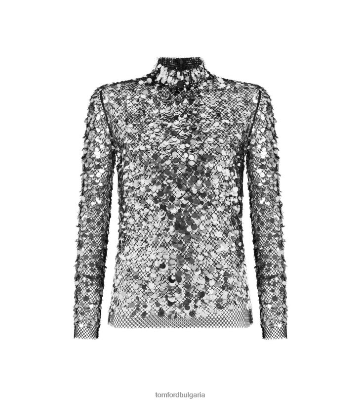 Жени облекло бродирана мрежеста горна част с пайети сребърен метал TOM FORD B880D1214