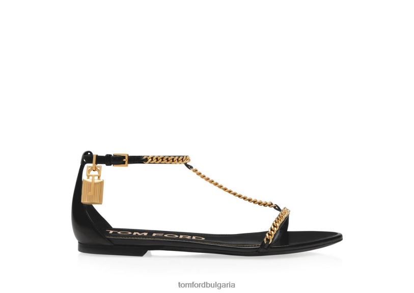 Жени обувки лъскав кожен сандал с верига с катинар черен TOM FORD B880D1289