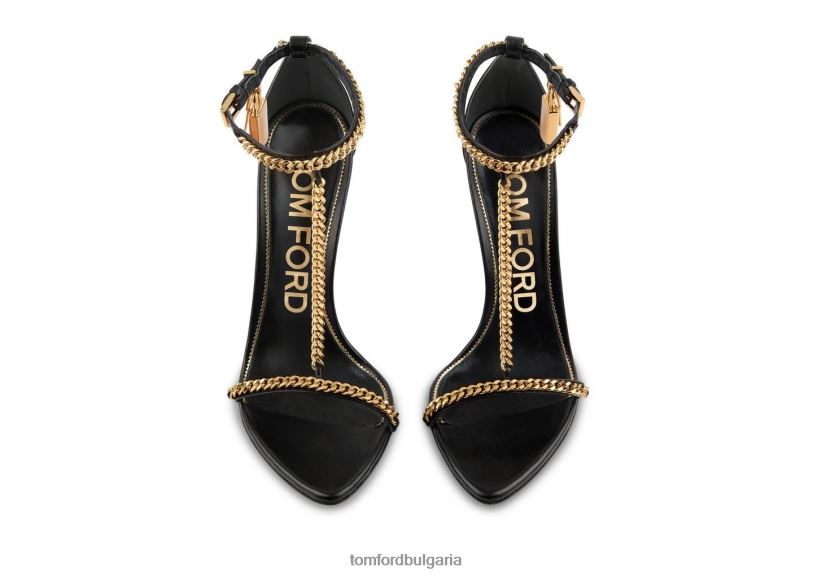 Жени обувки лъскава кожена верижка с катинар заострен гол сандал черен TOM FORD B880D1298