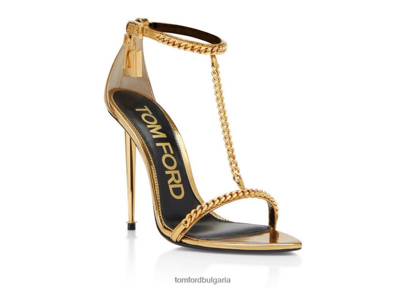 Жени обувки огледална кожена верижка с катинар заострен гол сандал злато TOM FORD B880D1299