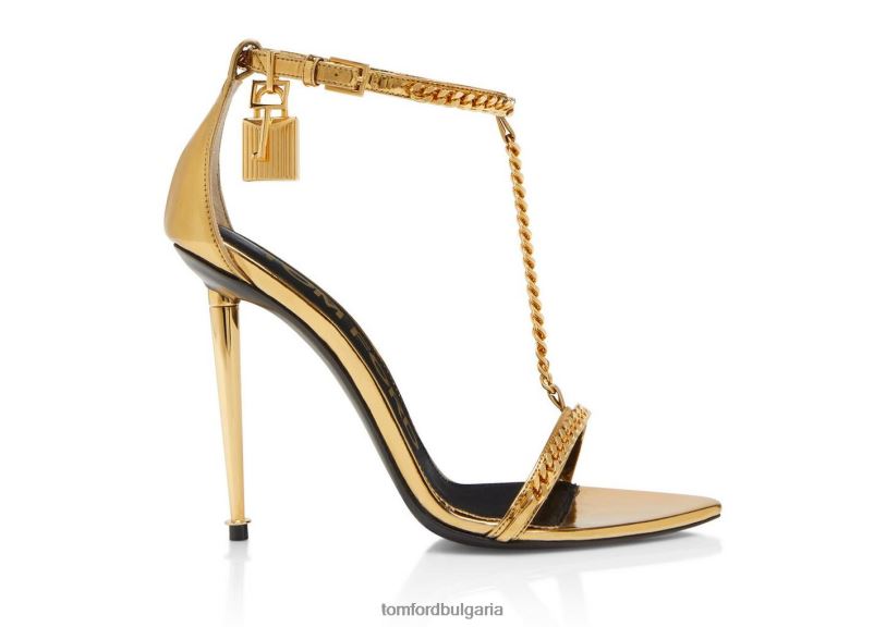 Жени обувки огледална кожена верижка с катинар заострен гол сандал злато TOM FORD B880D1299