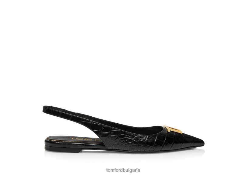 Жени обувки лъскава щампована крокодилска кожа tf slingback балерина плоски черен TOM FORD B880D1357