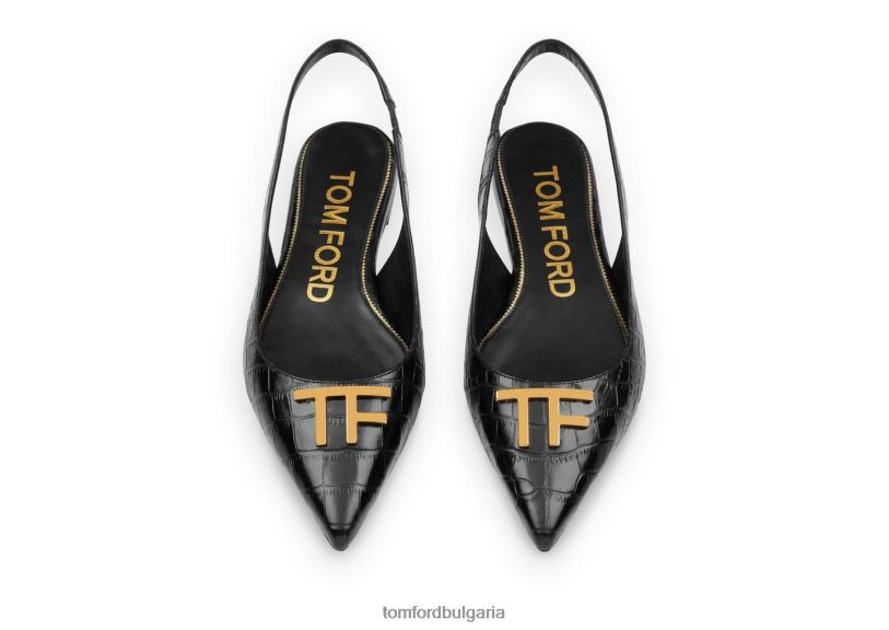 Жени обувки лъскава щампована крокодилска кожа tf slingback балерина плоски черен TOM FORD B880D1357