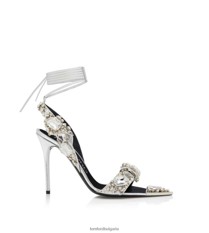 Жени обувки огледална кожа и кристални камъни остър сандал с бижута сребро + кристал TOM FORD B880D1304