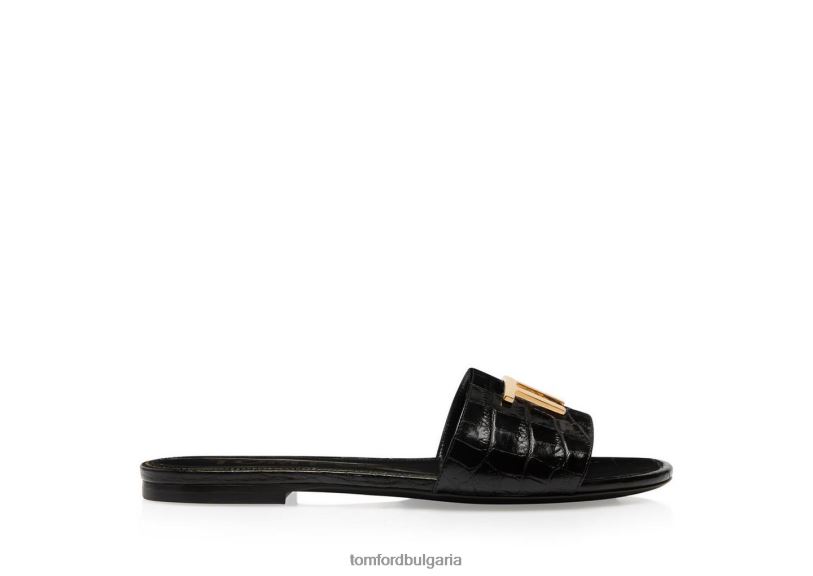 Жени обувки лъскава щампована крокодилска кожа tf слайд черен TOM FORD B880D1301