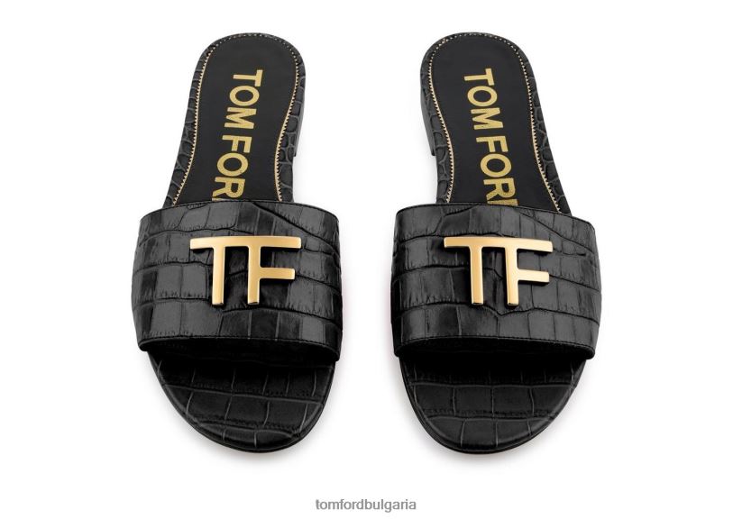 Жени обувки лъскава щампована крокодилска кожа tf слайд черен TOM FORD B880D1301