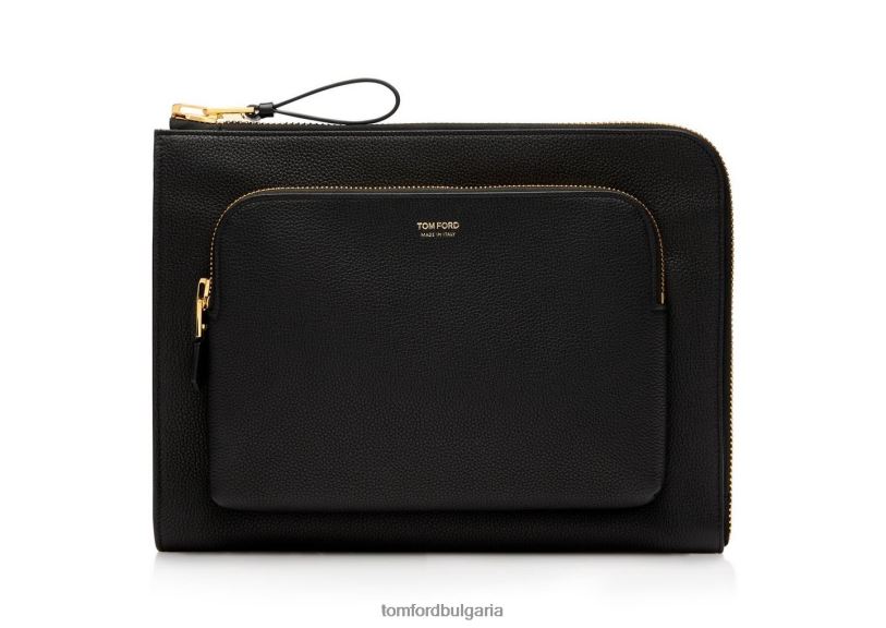 мъже аксесоар портфолио с двоен цип от зърнеста кожа черен TOM FORD B880D1021
