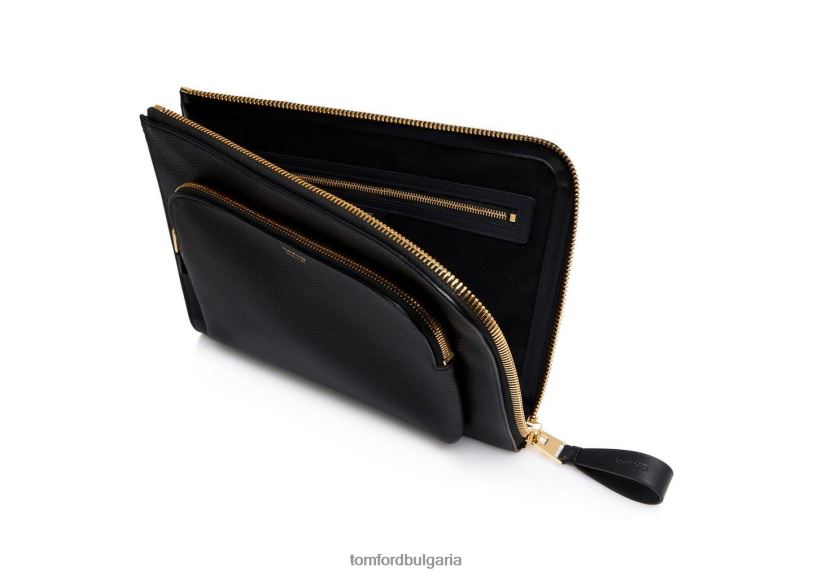 мъже аксесоар портфолио с двоен цип от зърнеста кожа черен TOM FORD B880D1021