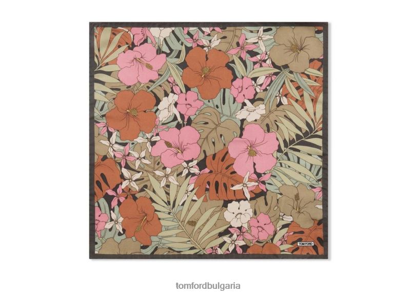 мъже аксесоар джобен квадрат с принт на хибискус розово + зелено TOM FORD B880D944