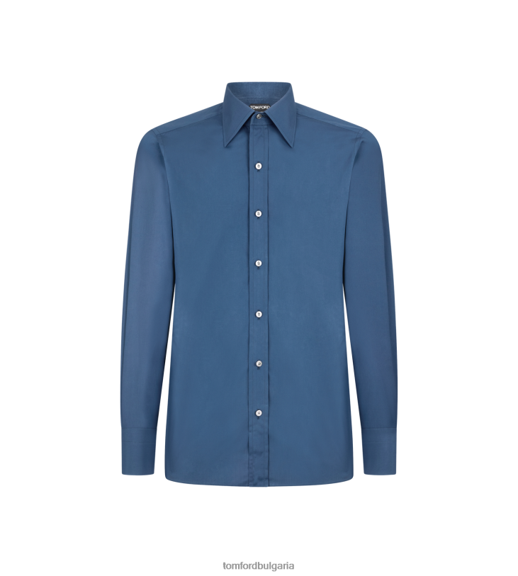 мъже облекло прилепнала риза от поплин индиго TOM FORD B880D172