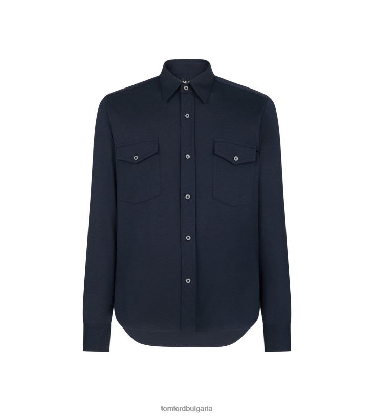мъже облекло копринена памучна риза военноморски флот TOM FORD B880D195