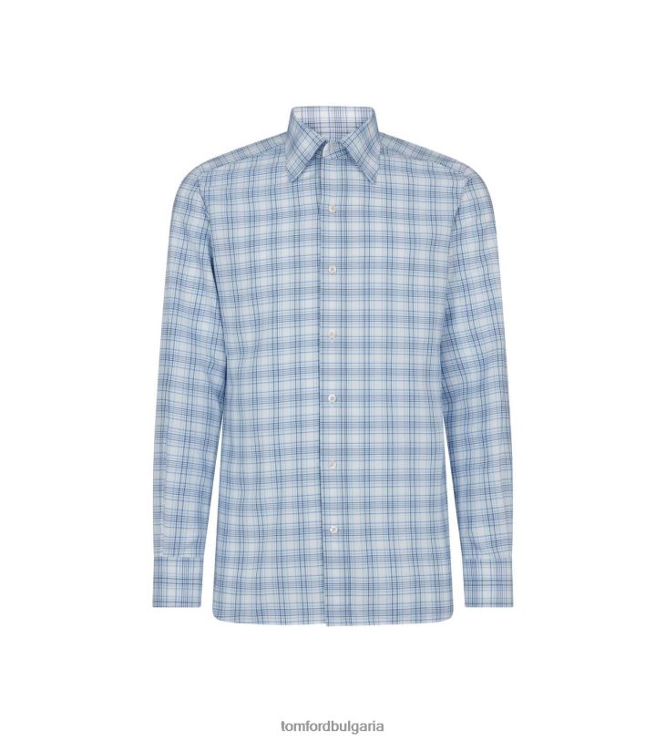 мъже облекло прилепнала риза с оксфордско каре комбинирано синьо TOM FORD B880D209