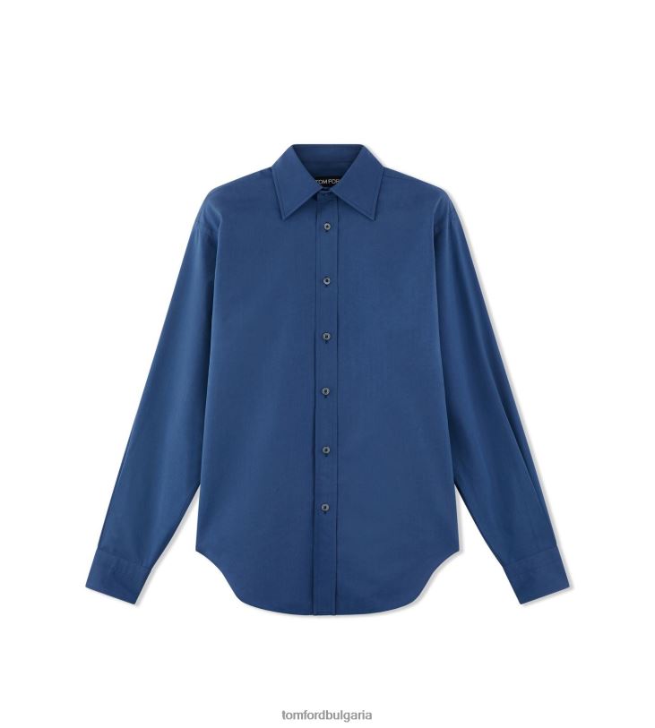 мъже облекло прилепнала риза от памучен копринен поплин син TOM FORD B880D231