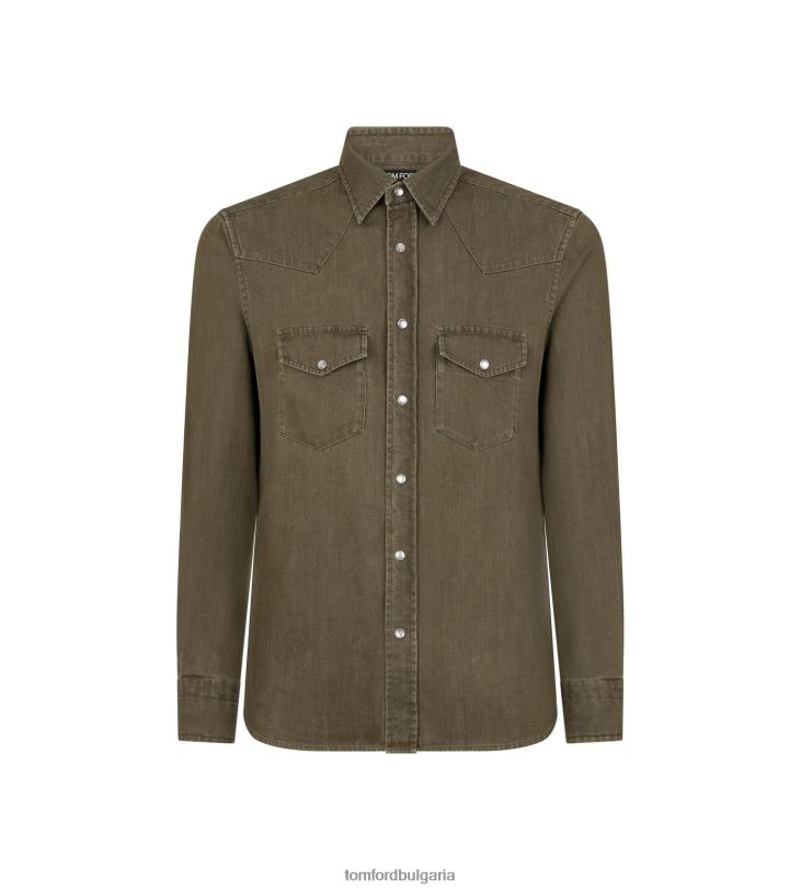 мъже облекло изпрана дънкова уестърн риза зелено TOM FORD B880D234