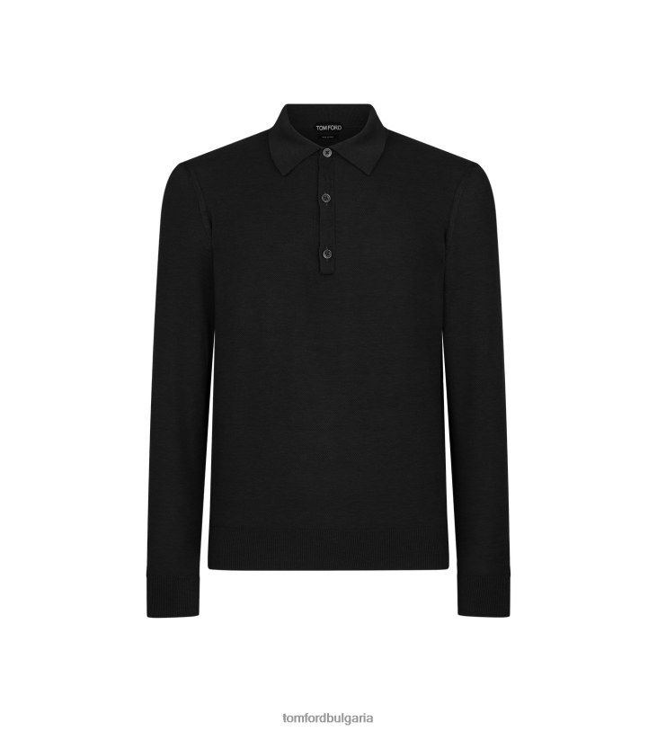 мъже облекло копринено памучно поло с пчелна пита черен TOM FORD B880D325