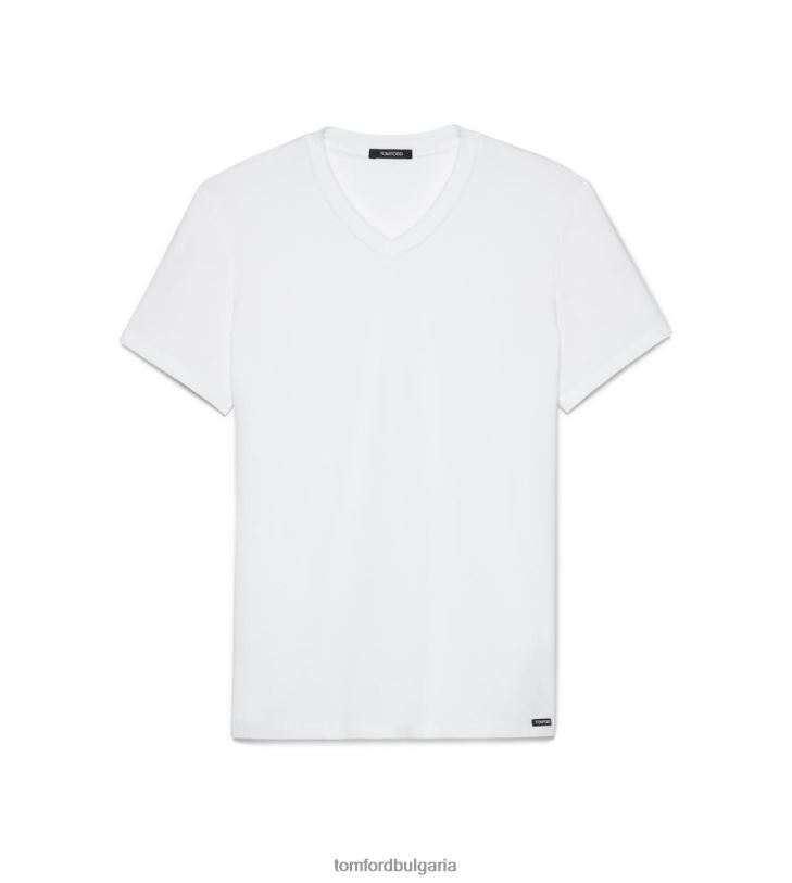 мъже облекло памучна тениска с v-образно деколте бяло TOM FORD B880D540