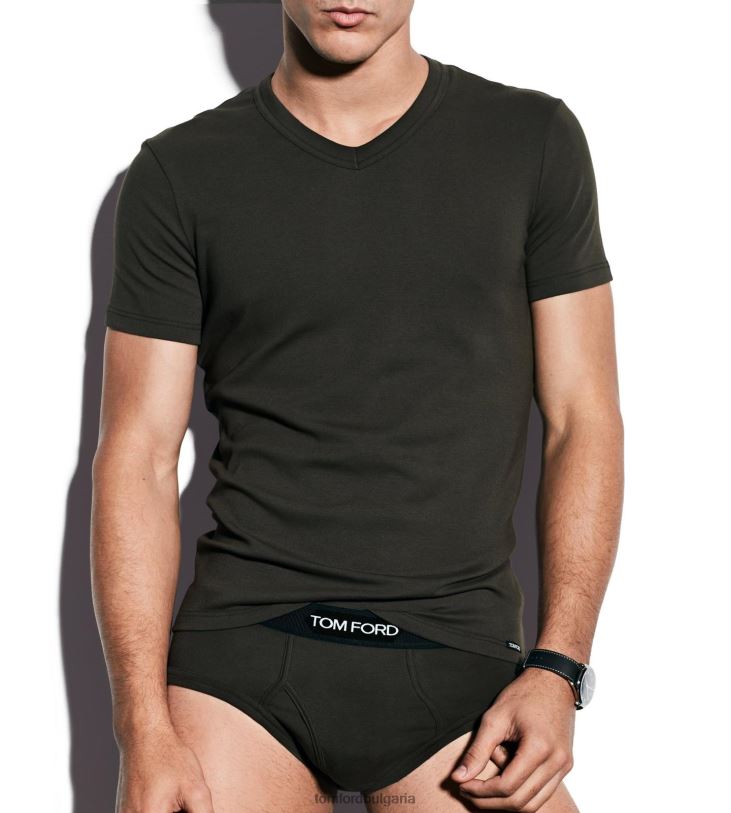 мъже облекло памучна тениска с v-образно деколте военно зелено TOM FORD B880D556