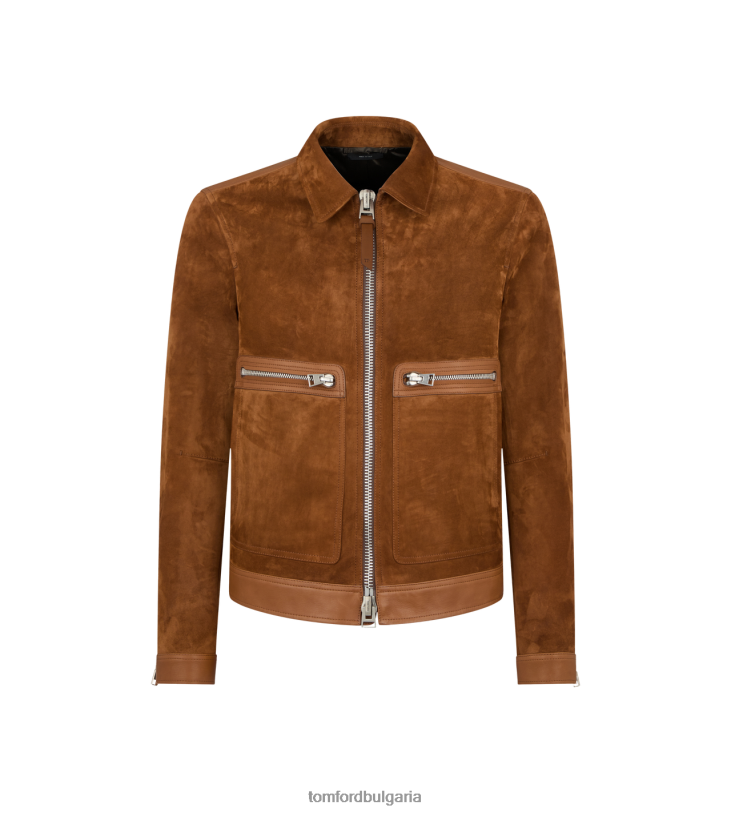 мъже облекло блузон с контрастен цип от мек велур кафяво TOM FORD B880D22