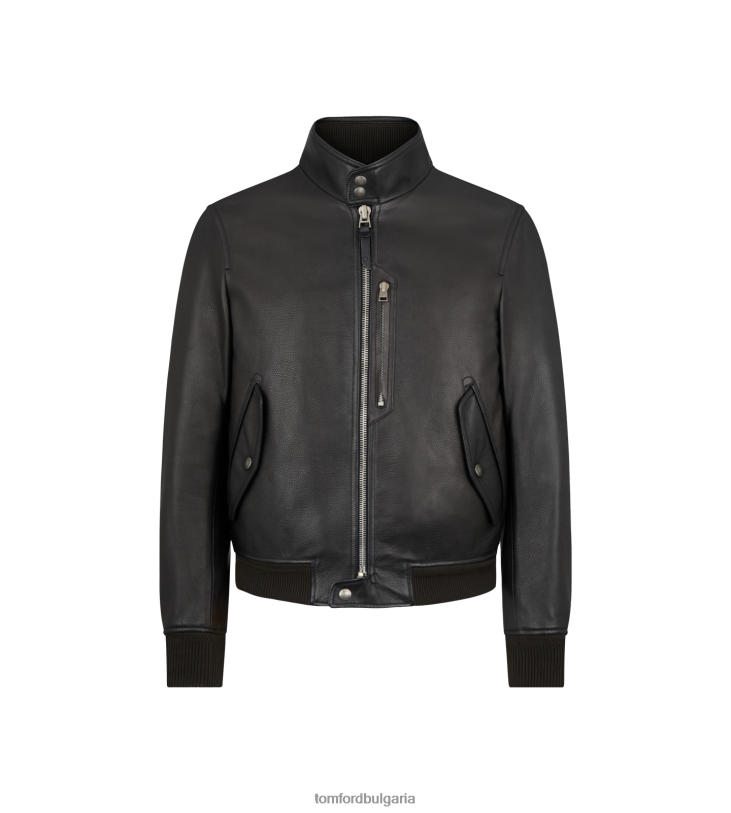 мъже облекло зърнеста кожа харингтън с цип черен TOM FORD B880D49